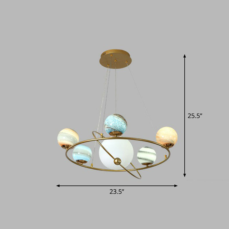 Glass Planet Hanging Lamp Postmodern Brass Finish Chandelier Light for Living Room 6 Blue Clearhalo 'Ceiling Lights' 'Chandeliers' 'Modern Chandeliers' 'Modern' Lighting' 2268374