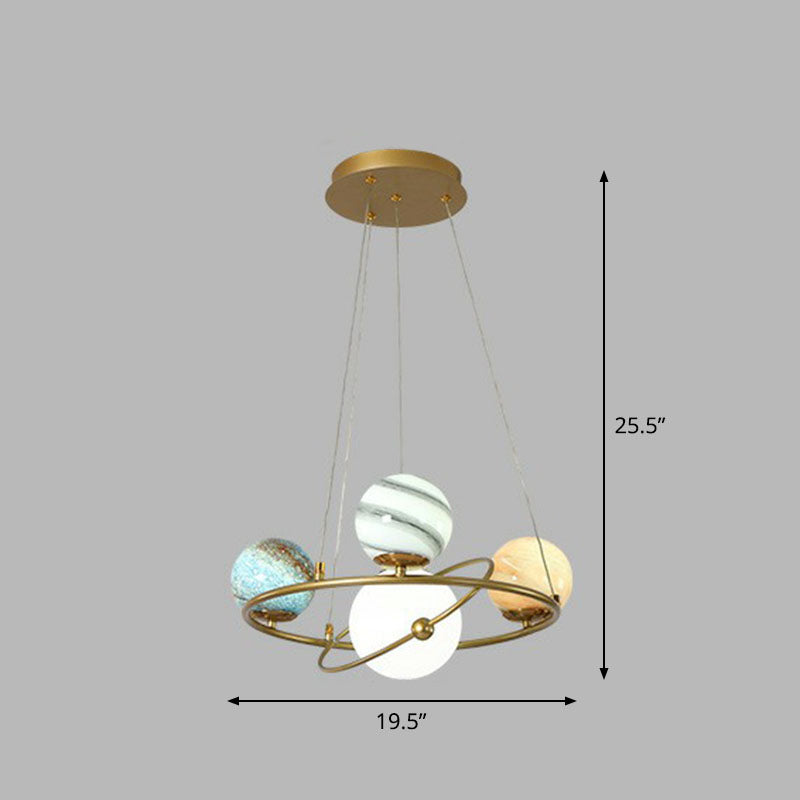 Glass Planet Hanging Lamp Postmodern Brass Finish Chandelier Light for Living Room 4 Blue Clearhalo 'Ceiling Lights' 'Chandeliers' 'Modern Chandeliers' 'Modern' Lighting' 2268376