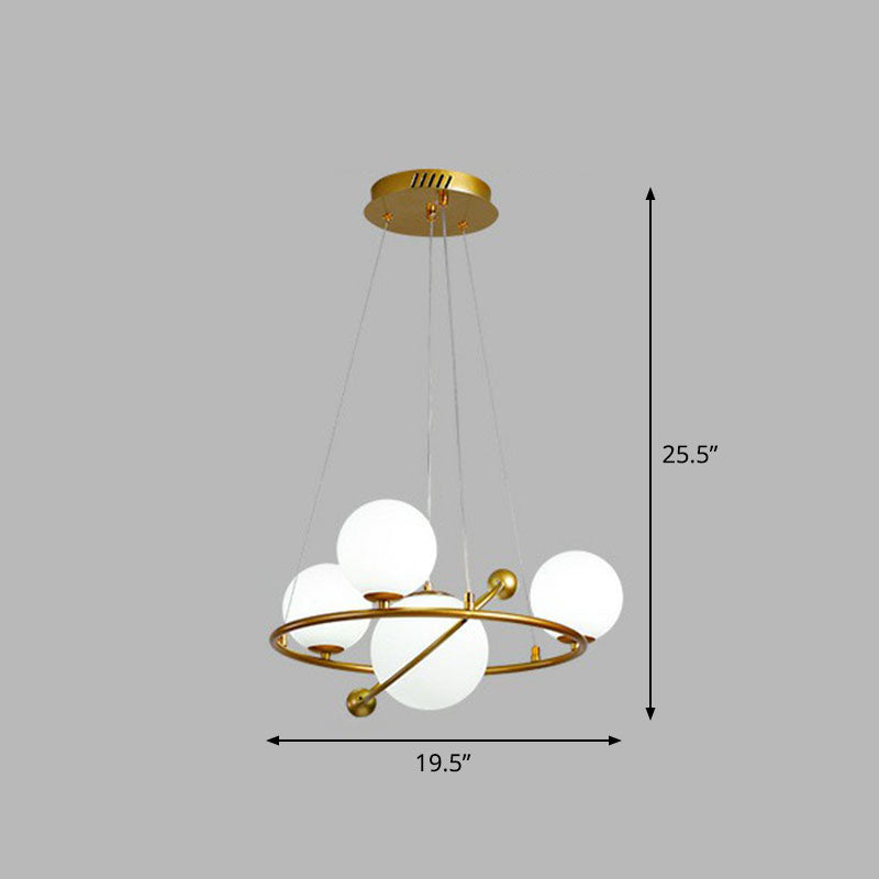 Glass Planet Hanging Lamp Postmodern Brass Finish Chandelier Light for Living Room 4 White Clearhalo 'Ceiling Lights' 'Chandeliers' 'Modern Chandeliers' 'Modern' Lighting' 2268380