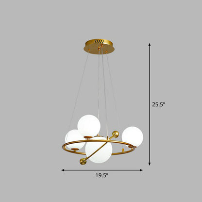Glass Planet Hanging Lamp Postmodern Brass Finish Chandelier Light for Living Room 4 White Clearhalo 'Ceiling Lights' 'Chandeliers' 'Modern Chandeliers' 'Modern' Lighting' 2268380