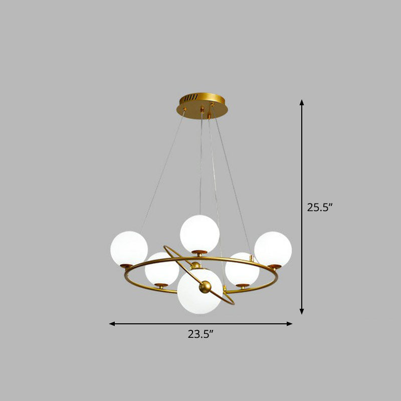 Glass Planet Hanging Lamp Postmodern Brass Finish Chandelier Light for Living Room 6 White Clearhalo 'Ceiling Lights' 'Chandeliers' 'Modern Chandeliers' 'Modern' Lighting' 2268382