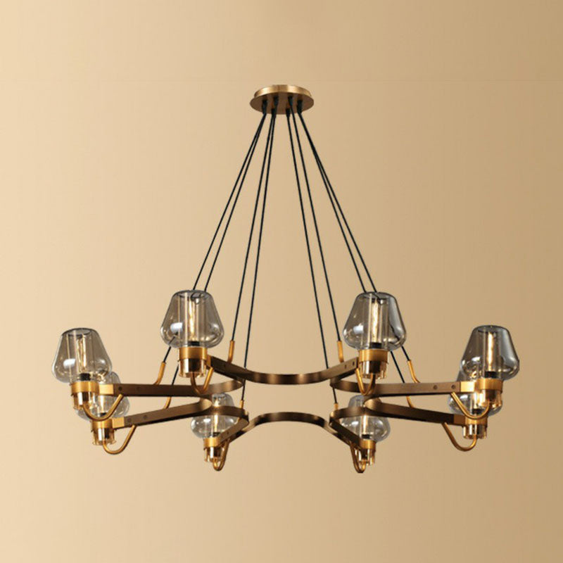 Living Room Chandelier Postmodern Black-Brass Hanging Light with Cone Glass Shade 8 Cognac Clearhalo 'Ceiling Lights' 'Chandeliers' 'Clear' 'Industrial' 'Modern Chandeliers' 'Modern' 'Tiffany' 'Traditional Chandeliers' Lighting' 2268389