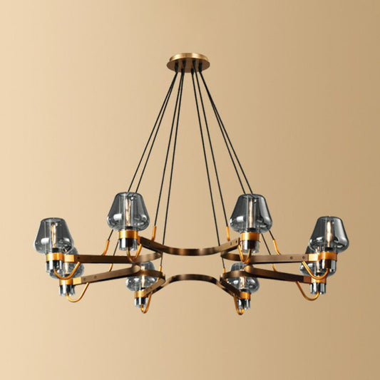 Living Room Chandelier Postmodern Black-Brass Hanging Light with Cone Glass Shade 8 Smoke Gray Clearhalo 'Ceiling Lights' 'Chandeliers' 'Clear' 'Industrial' 'Modern Chandeliers' 'Modern' 'Tiffany' 'Traditional Chandeliers' Lighting' 2268390