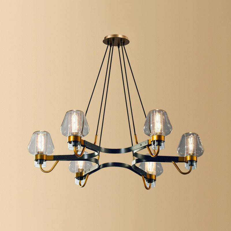 Living Room Chandelier Postmodern Black-Brass Hanging Light with Cone Glass Shade 6 Clear Clearhalo 'Ceiling Lights' 'Chandeliers' 'Clear' 'Industrial' 'Modern Chandeliers' 'Modern' 'Tiffany' 'Traditional Chandeliers' Lighting' 2268392