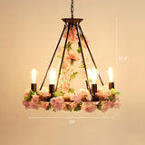 Wagon Wheel Dining Room Hanging Light Farmhouse Metal Chandelier with Plant Decoration 6 Pink Clearhalo 'Cast Iron' 'Ceiling Lights' 'Chandeliers' 'Industrial Chandeliers' 'Industrial' 'Metal' 'Middle Century Chandeliers' 'Rustic Chandeliers' 'Tiffany' Lighting' 2268531
