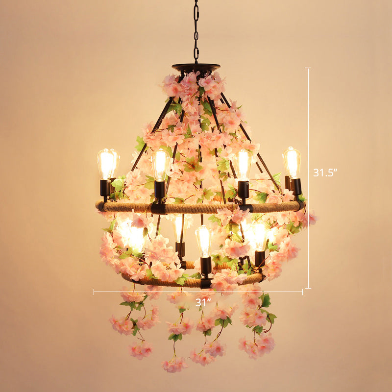 Wagon Wheel Dining Room Hanging Light Farmhouse Metal Chandelier with Plant Decoration 14 Pink Clearhalo 'Cast Iron' 'Ceiling Lights' 'Chandeliers' 'Industrial Chandeliers' 'Industrial' 'Metal' 'Middle Century Chandeliers' 'Rustic Chandeliers' 'Tiffany' Lighting' 2268532