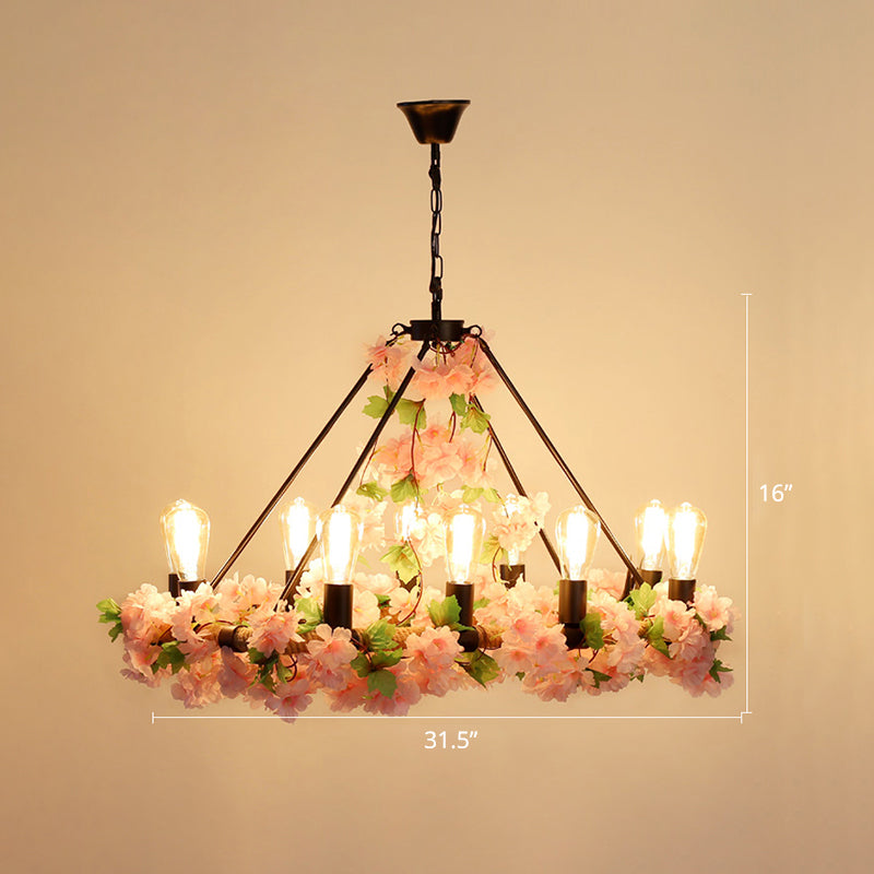 Wagon Wheel Dining Room Hanging Light Farmhouse Metal Chandelier with Plant Decoration 10 Pink Clearhalo 'Cast Iron' 'Ceiling Lights' 'Chandeliers' 'Industrial Chandeliers' 'Industrial' 'Metal' 'Middle Century Chandeliers' 'Rustic Chandeliers' 'Tiffany' Lighting' 2268536