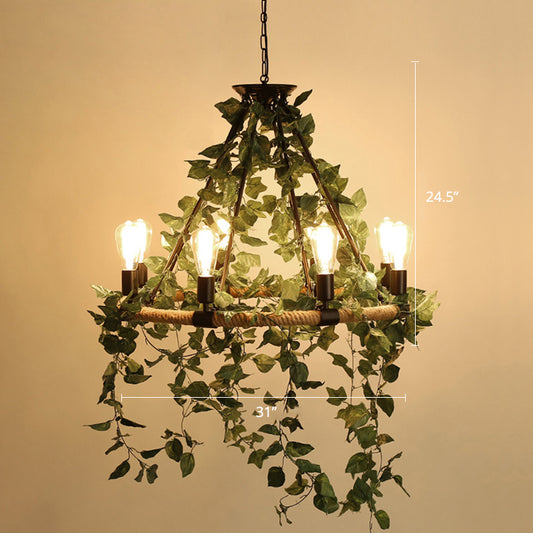 Wagon Wheel Dining Room Hanging Light Farmhouse Metal Chandelier with Plant Decoration 8 Green Clearhalo 'Cast Iron' 'Ceiling Lights' 'Chandeliers' 'Industrial Chandeliers' 'Industrial' 'Metal' 'Middle Century Chandeliers' 'Rustic Chandeliers' 'Tiffany' Lighting' 2268538