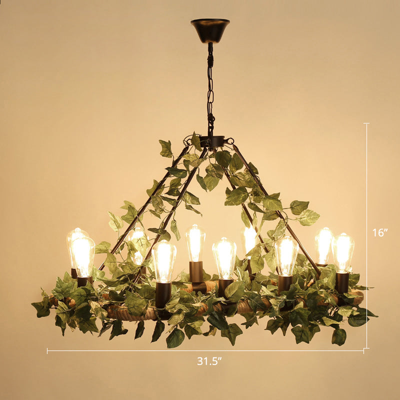 Wagon Wheel Dining Room Hanging Light Farmhouse Metal Chandelier with Plant Decoration 10 Green Clearhalo 'Cast Iron' 'Ceiling Lights' 'Chandeliers' 'Industrial Chandeliers' 'Industrial' 'Metal' 'Middle Century Chandeliers' 'Rustic Chandeliers' 'Tiffany' Lighting' 2268540