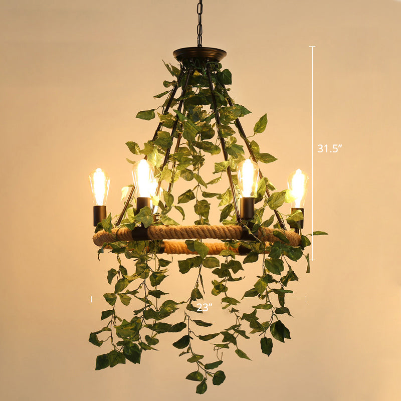 Wagon Wheel Dining Room Hanging Light Farmhouse Metal Chandelier with Plant Decoration 6 Green Clearhalo 'Cast Iron' 'Ceiling Lights' 'Chandeliers' 'Industrial Chandeliers' 'Industrial' 'Metal' 'Middle Century Chandeliers' 'Rustic Chandeliers' 'Tiffany' Lighting' 2268541