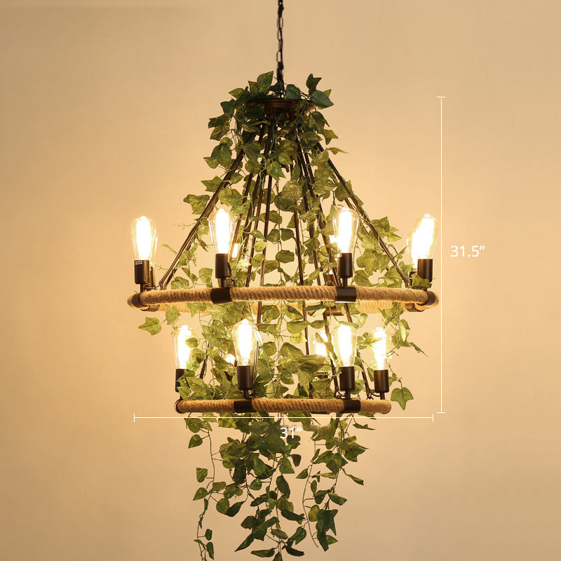 Wagon Wheel Dining Room Hanging Light Farmhouse Metal Chandelier with Plant Decoration 14 Green Clearhalo 'Cast Iron' 'Ceiling Lights' 'Chandeliers' 'Industrial Chandeliers' 'Industrial' 'Metal' 'Middle Century Chandeliers' 'Rustic Chandeliers' 'Tiffany' Lighting' 2268542