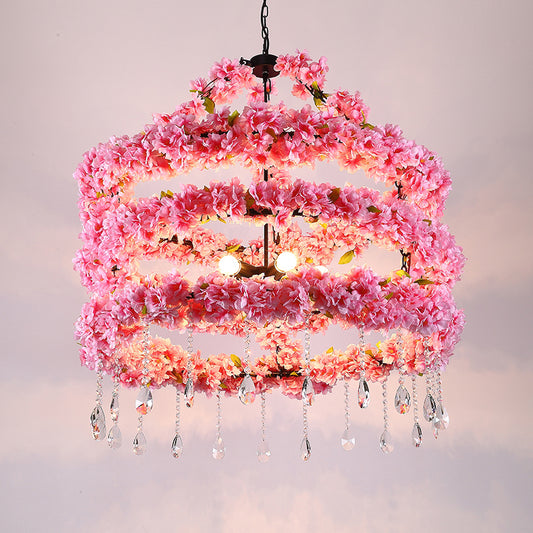 6-Bulb Cherry Wreath Chandelier Loft Style Pink Metallic Hanging Ceiling Light with Crystal Deco Clearhalo 'Cast Iron' 'Ceiling Lights' 'Chandeliers' 'Industrial Chandeliers' 'Industrial' 'Metal' 'Middle Century Chandeliers' 'Rustic Chandeliers' 'Tiffany' Lighting' 2268577