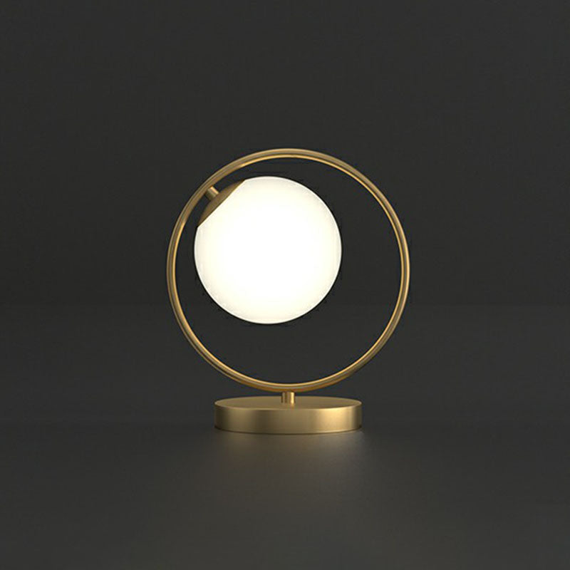 Ball Shaped Bedside Night Lamp White Glass Single Minimalistic Table Light with Ring Decor in Gold Gold B Clearhalo 'Lamps' 'Table Lamps' Lighting' 2268725