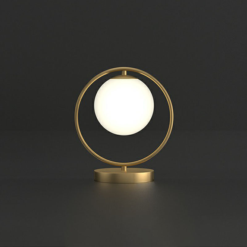Ball Shaped Bedside Night Lamp White Glass Single Minimalistic Table Light with Ring Decor in Gold Gold A Clearhalo 'Lamps' 'Table Lamps' Lighting' 2268726