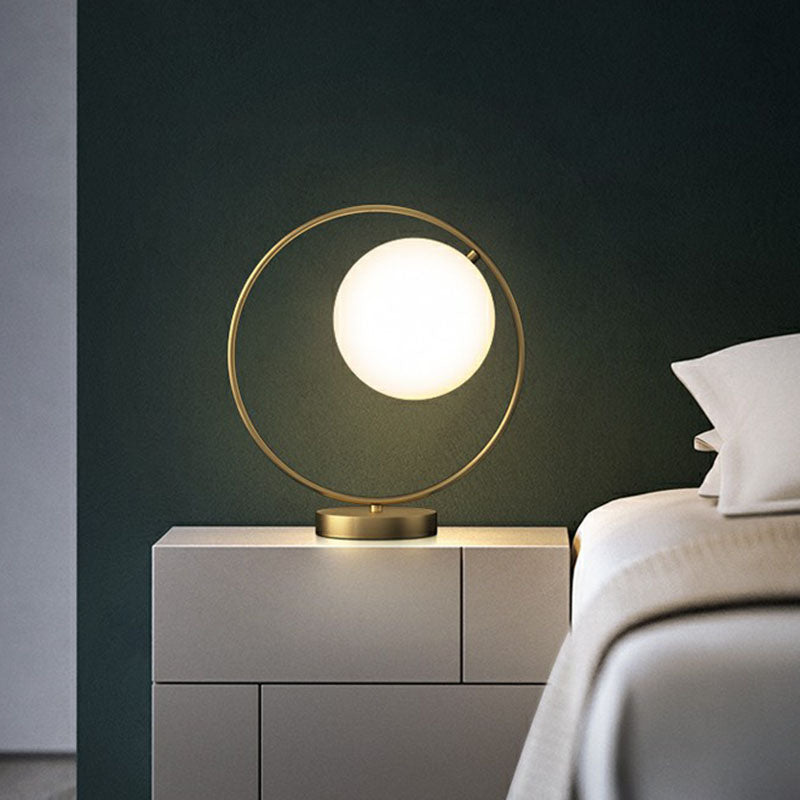 Ball Shaped Bedside Night Lamp White Glass Single Minimalistic Table Light with Ring Decor in Gold Clearhalo 'Lamps' 'Table Lamps' Lighting' 2268727