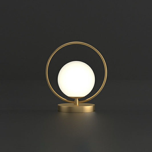 Ball Shaped Bedside Night Lamp White Glass Single Minimalistic Table Light with Ring Decor in Gold Gold C Clearhalo 'Lamps' 'Table Lamps' Lighting' 2268728