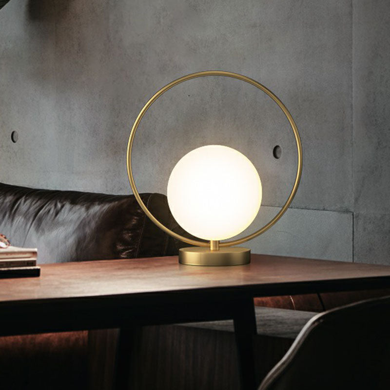 Ball Shaped Bedside Night Lamp White Glass Single Minimalistic Table Light with Ring Decor in Gold Clearhalo 'Lamps' 'Table Lamps' Lighting' 2268729