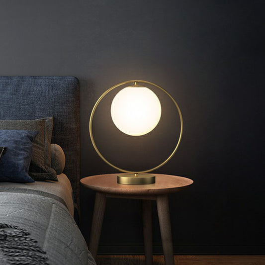 Ball Shaped Bedside Night Lamp White Glass Single Minimalistic Table Light with Ring Decor in Gold Clearhalo 'Lamps' 'Table Lamps' Lighting' 2268730