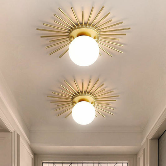 Golden Sunburst Semi-Flush Mount Simple Creative Single Opal Glass Ceiling Lighting for Foyer