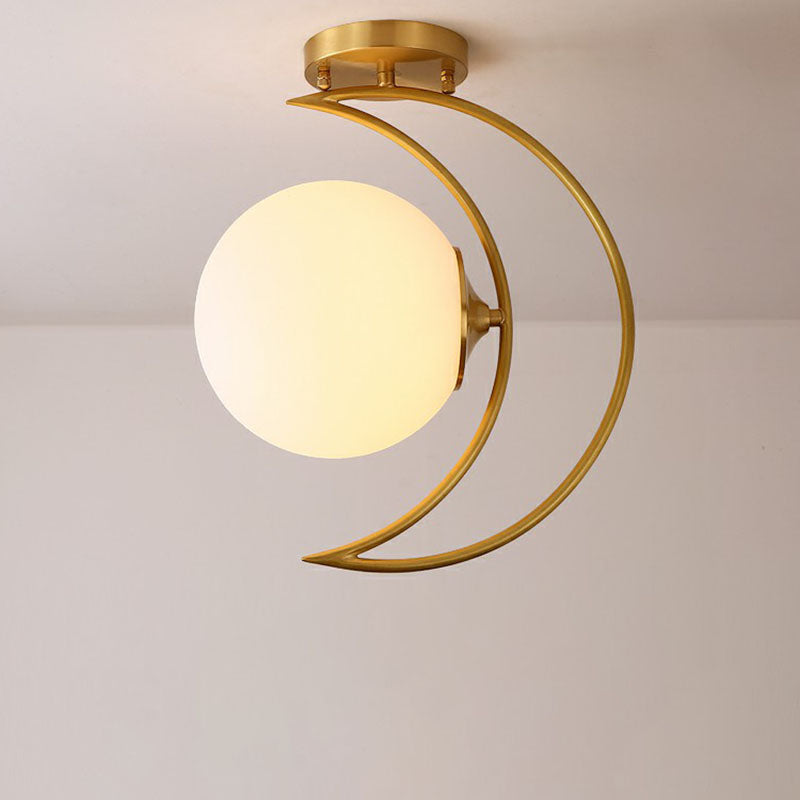 Gold Finish Crescent Flush Light Nordic 1 Head White Ball Glass Semi Flush Ceiling Light Fixture Gold Large Clearhalo 'Ceiling Lights' 'Close To Ceiling Lights' 'Close to ceiling' 'Semi-flushmount' Lighting' 2268867