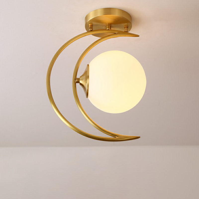 Gold Finish Crescent Flush Light Nordic 1 Head White Ball Glass Semi Flush Ceiling Light Fixture Gold Small Clearhalo 'Ceiling Lights' 'Close To Ceiling Lights' 'Close to ceiling' 'Semi-flushmount' Lighting' 2268868