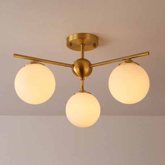 Globe Ceiling Flush Light Simplicity Milk Glass 3-Bulb Antiqued Gold Semi Flush Mount Light Gold Small Clearhalo 'Ceiling Lights' 'Close To Ceiling Lights' 'Close to ceiling' 'Semi-flushmount' Lighting' 2268873