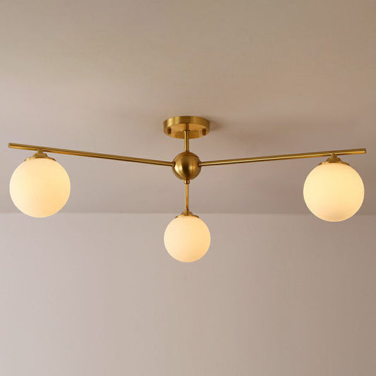 Globe Ceiling Flush Light Simplicity Milk Glass 3-Bulb Antiqued Gold Semi Flush Mount Light Gold Large Clearhalo 'Ceiling Lights' 'Close To Ceiling Lights' 'Close to ceiling' 'Semi-flushmount' Lighting' 2268876