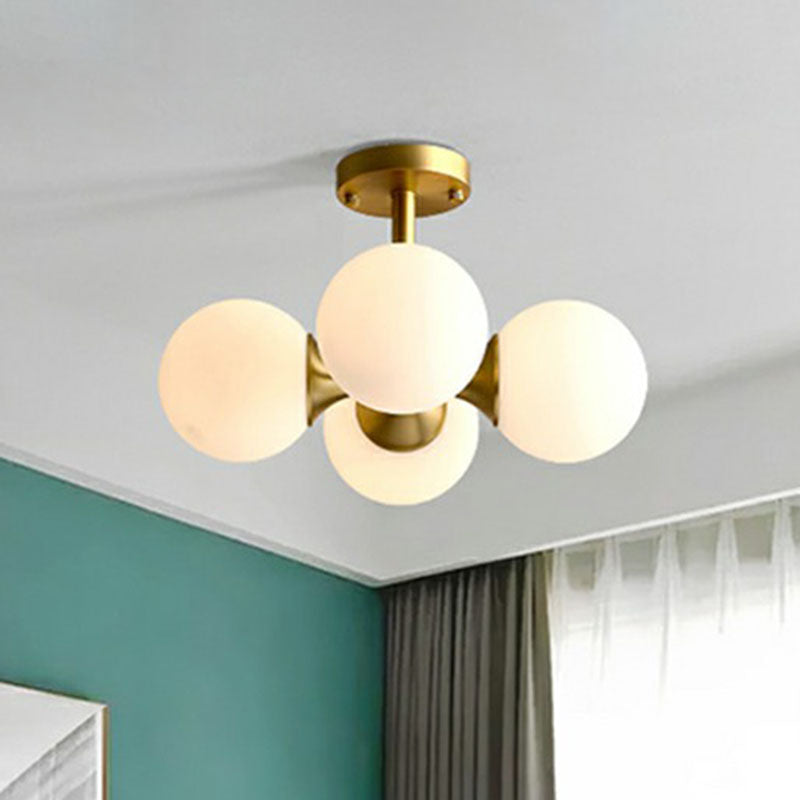 4 Lights Bedroom Ceiling Fixture Minimalist Gold Finish Semi Mount Lighting with Globe Opal Glass Shade Clearhalo 'Ceiling Lights' 'Close To Ceiling Lights' 'Close to ceiling' 'Semi-flushmount' Lighting' 2268880