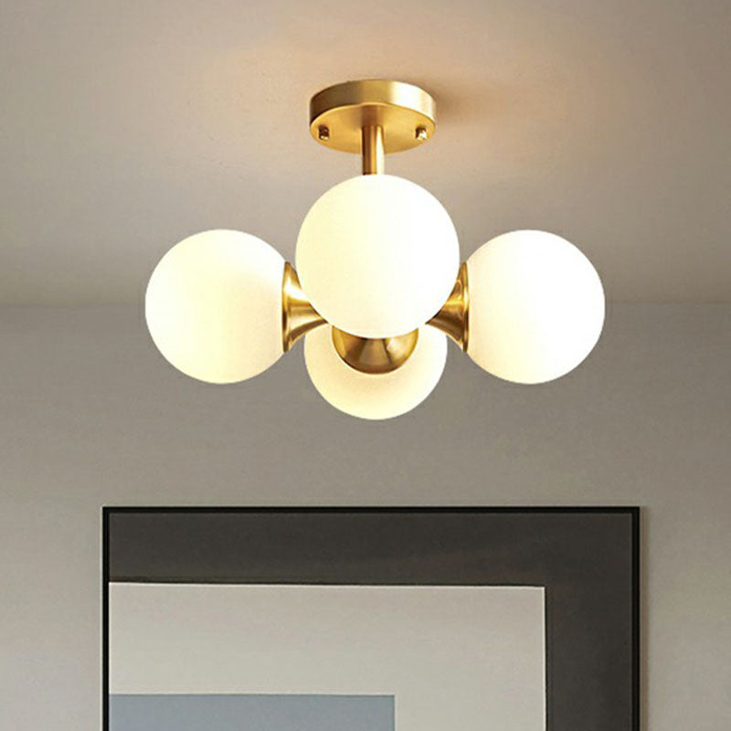 4 Lights Bedroom Ceiling Fixture Minimalist Gold Finish Semi Mount Lighting with Globe Opal Glass Shade Clearhalo 'Ceiling Lights' 'Close To Ceiling Lights' 'Close to ceiling' 'Semi-flushmount' Lighting' 2268881