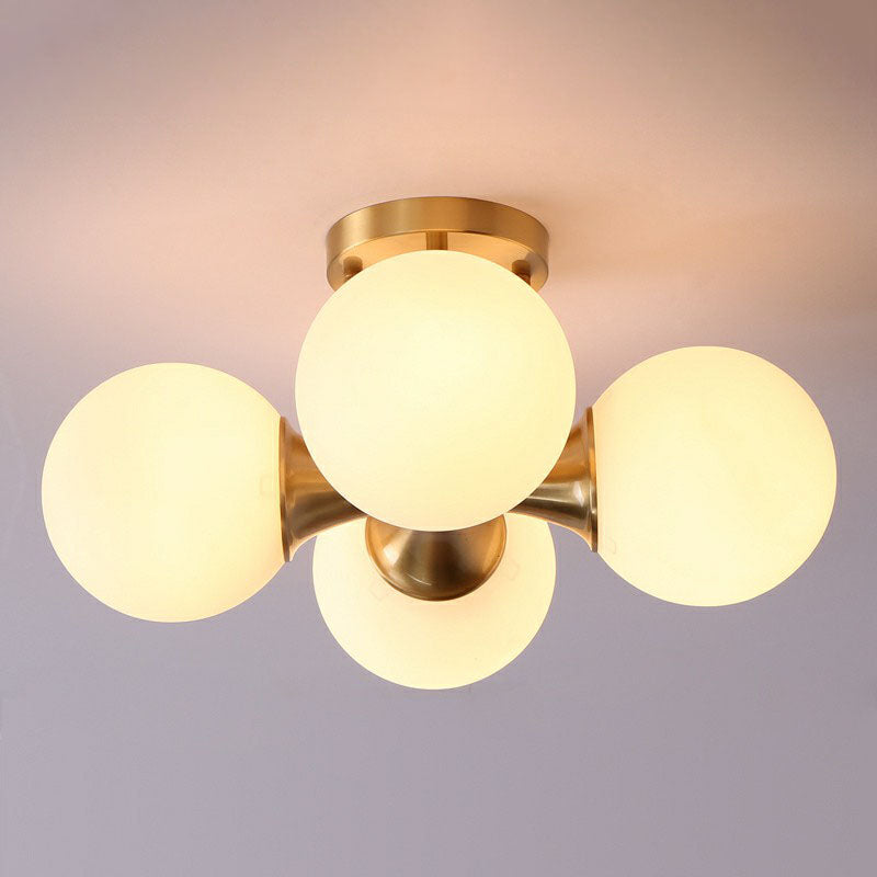 White Glass Ball Semi Flush Ceiling Light Postmodern Gold Finish Flush Mount Lighting Clearhalo 'Ceiling Lights' 'Close To Ceiling Lights' 'Close to ceiling' 'Semi-flushmount' Lighting' 2268887