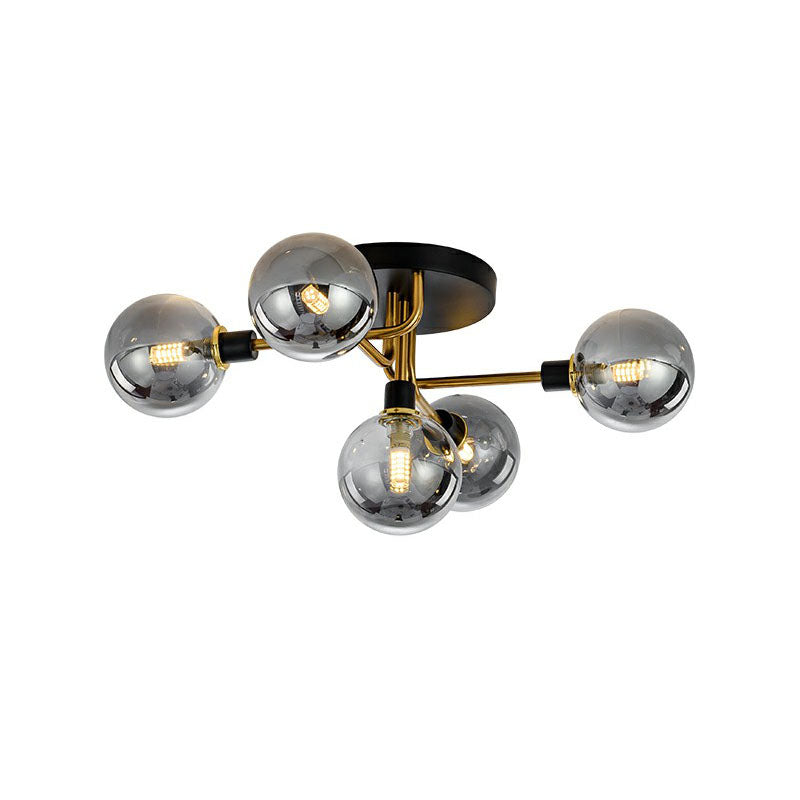 Ball Shaped Bedroom Ceiling Lamp Glass 5-Light Contemporary Semi-Flush Mount Light in Black-Brass Smoke Gray Clearhalo 'Ceiling Lights' 'Close To Ceiling Lights' 'Close to ceiling' 'Semi-flushmount' Lighting' 2268951