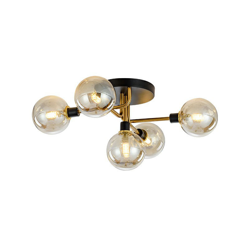 Ball Shaped Bedroom Ceiling Lamp Glass 5-Light Contemporary Semi-Flush Mount Light in Black-Brass Amber Clearhalo 'Ceiling Lights' 'Close To Ceiling Lights' 'Close to ceiling' 'Semi-flushmount' Lighting' 2268953
