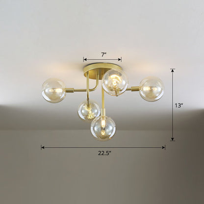 Ball Glass Ceiling Mounted Light Postmodern Gold Finish Semi Flush Mount for Living Room 5 Amber Clearhalo 'Ceiling Lights' 'Close To Ceiling Lights' 'Close to ceiling' 'Semi-flushmount' Lighting' 2268956