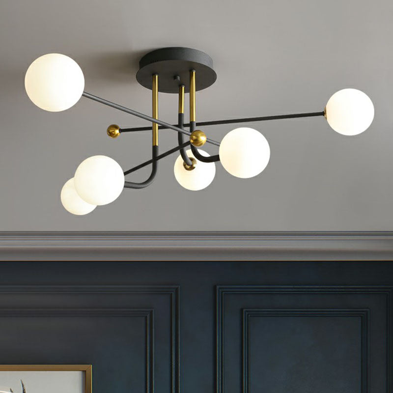 Cream Glass Ball Semi Mount Lighting Minimalistic Black and Brass Ceiling Light for Dining Room