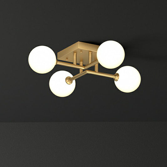 White Glass Balls Close to Ceiling Light Simplicity Gold Finish Semi Flush Mount Light Fixture 4 Gold