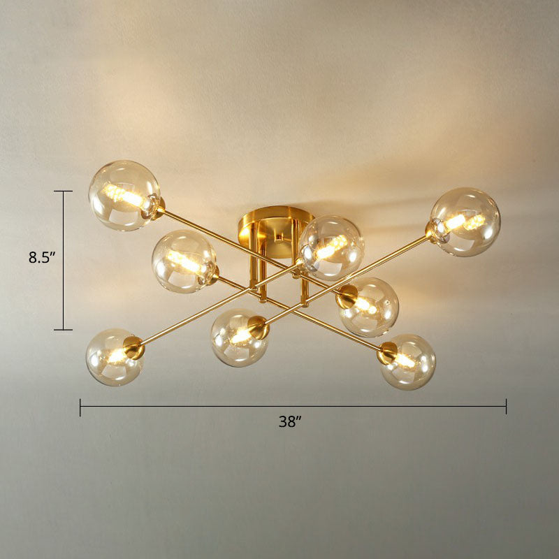 8 Heads Parlor Semi Flush Light Postmodern Ceiling Mounted Fixture with Ball Amber Glass Shade - Gold - Clearhalo - 'Ceiling Lights' - 'Close To Ceiling Lights' - 'Close to ceiling' - 'Semi-flushmount' - Lighting' - 2268998
