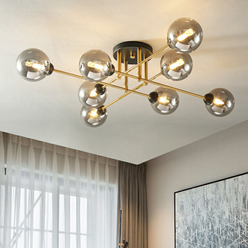 8 Heads Parlor Semi Flush Light Postmodern Ceiling Mounted Fixture with Ball Amber Glass Shade - Clearhalo - 'Ceiling Lights' - 'Close To Ceiling Lights' - 'Close to ceiling' - 'Semi-flushmount' - Lighting' - 2268999