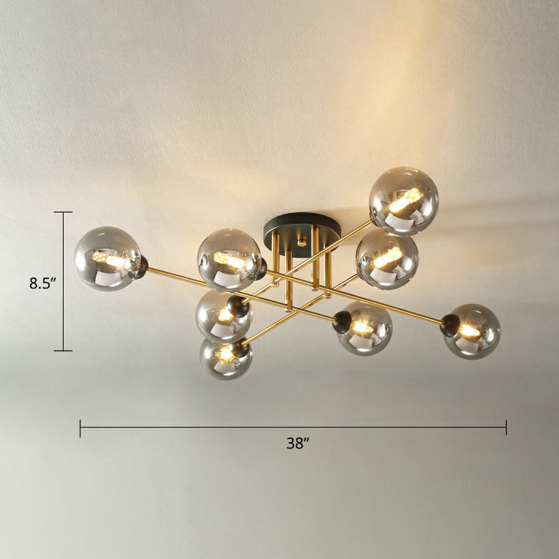 8 Heads Parlor Semi Flush Light Postmodern Ceiling Mounted Fixture with Ball Amber Glass Shade - Black - Clearhalo - 'Ceiling Lights' - 'Close To Ceiling Lights' - 'Close to ceiling' - 'Semi-flushmount' - Lighting' - 2269000