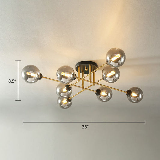 8 Heads Parlor Semi Flush Light Postmodern Ceiling Mounted Fixture with Ball Amber Glass Shade Black Clearhalo 'Ceiling Lights' 'Close To Ceiling Lights' 'Close to ceiling' 'Semi-flushmount' Lighting' 2269000