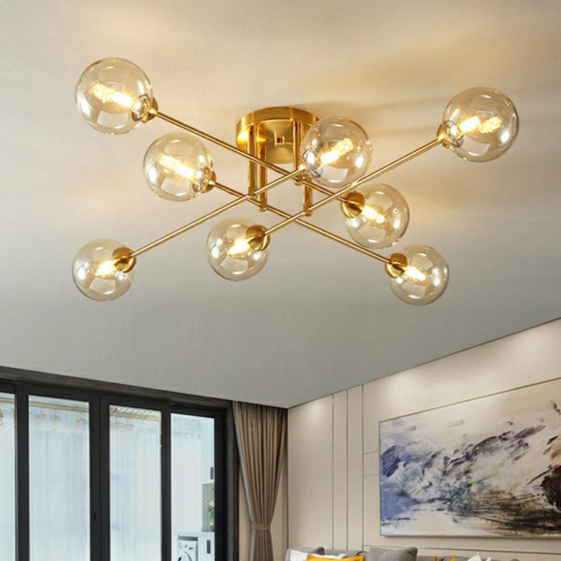 8 Heads Parlor Semi Flush Light Postmodern Ceiling Mounted Fixture with Ball Amber Glass Shade - Clearhalo - 'Ceiling Lights' - 'Close To Ceiling Lights' - 'Close to ceiling' - 'Semi-flushmount' - Lighting' - 2269001