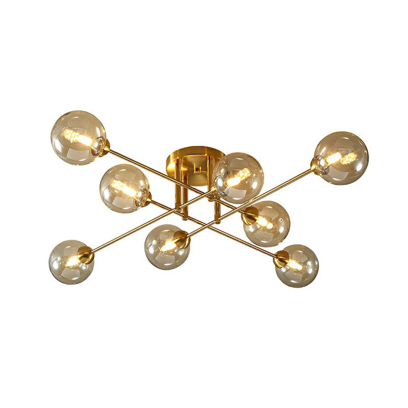 8 Heads Parlor Semi Flush Light Postmodern Ceiling Mounted Fixture with Ball Amber Glass Shade Clearhalo 'Ceiling Lights' 'Close To Ceiling Lights' 'Close to ceiling' 'Semi-flushmount' Lighting' 2269002