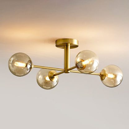 Spherical Dining Room Ceiling Fixture Amber Glass Postmodern Semi Flush Mount Lighting in Gold 4 Gold Clearhalo 'Ceiling Lights' 'Close To Ceiling Lights' 'Close to ceiling' 'Semi-flushmount' Lighting' 2269005