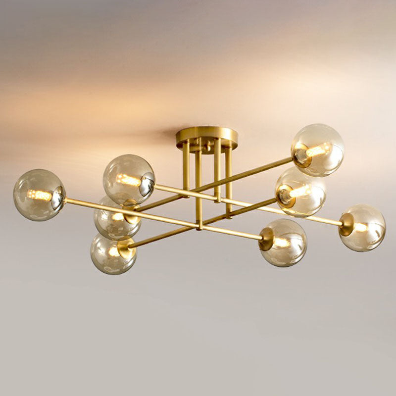 Spherical Dining Room Ceiling Fixture Amber Glass Postmodern Semi Flush Mount Lighting in Gold 8 Gold Clearhalo 'Ceiling Lights' 'Close To Ceiling Lights' 'Close to ceiling' 'Semi-flushmount' Lighting' 2269007