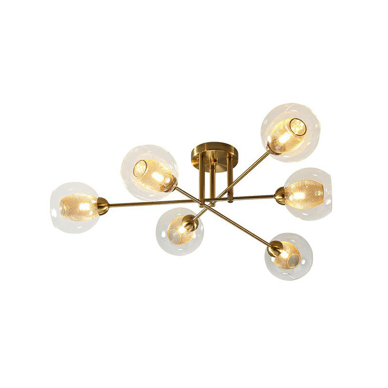 Clear Glass Ball Flush Ceiling Light Postmodern Gold Finish Semi Mount Lighting with Mesh Shade Inside - 6 - Gold - Clearhalo - 'Ceiling Lights' - 'Close To Ceiling Lights' - 'Close to ceiling' - 'Semi-flushmount' - Lighting' - 2269015