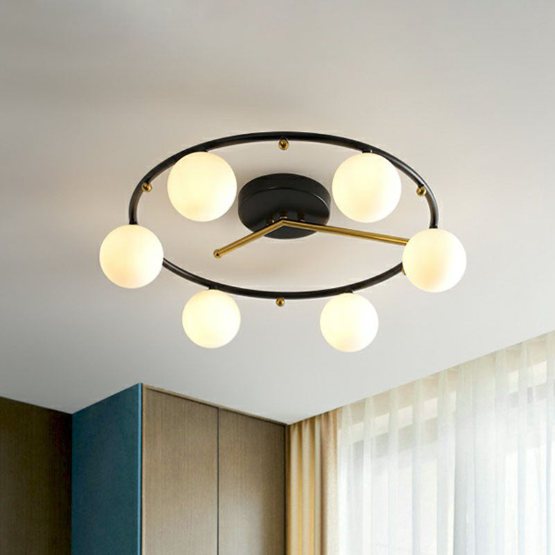 Black and Brass Clock Ceiling Lamp Postmodern Creative 6-Head Ball Glass Semi Flush Mount Light Clearhalo 'Ceiling Lights' 'Close To Ceiling Lights' 'Close to ceiling' 'Semi-flushmount' Lighting' 2269016