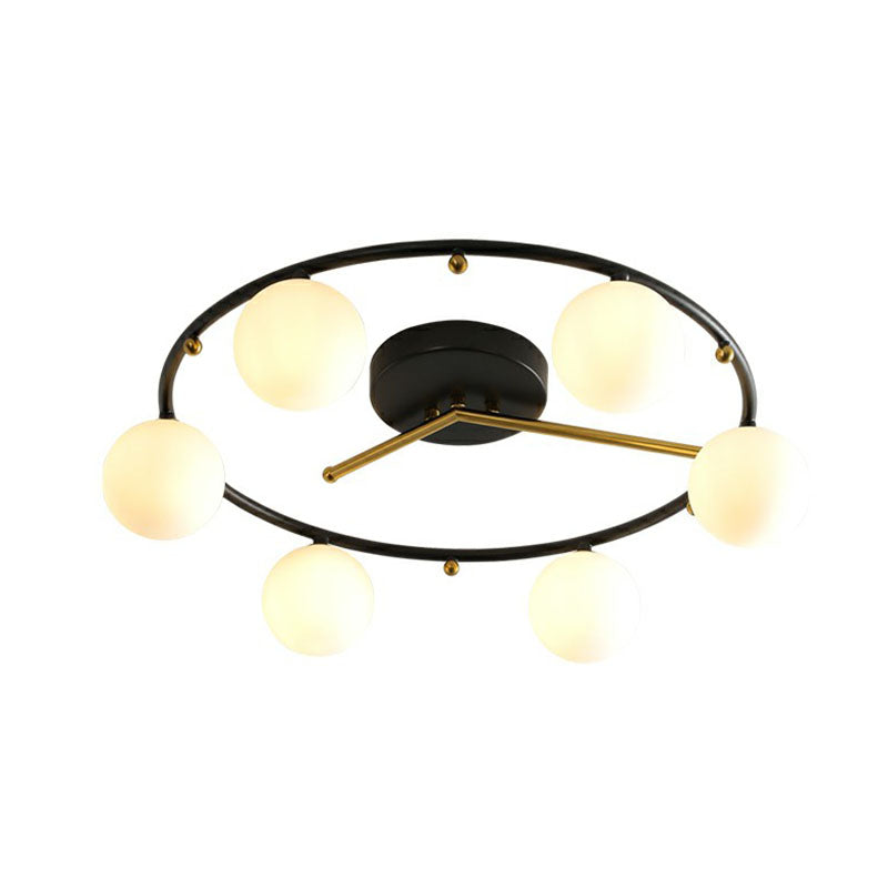 Black and Brass Clock Ceiling Lamp Postmodern Creative 6-Head Ball Glass Semi Flush Mount Light Cream Clearhalo 'Ceiling Lights' 'Close To Ceiling Lights' 'Close to ceiling' 'Semi-flushmount' Lighting' 2269017