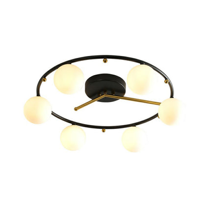 Black and Brass Clock Ceiling Lamp Postmodern Creative 6-Head Ball Glass Semi Flush Mount Light Cream Clearhalo 'Ceiling Lights' 'Close To Ceiling Lights' 'Close to ceiling' 'Semi-flushmount' Lighting' 2269017