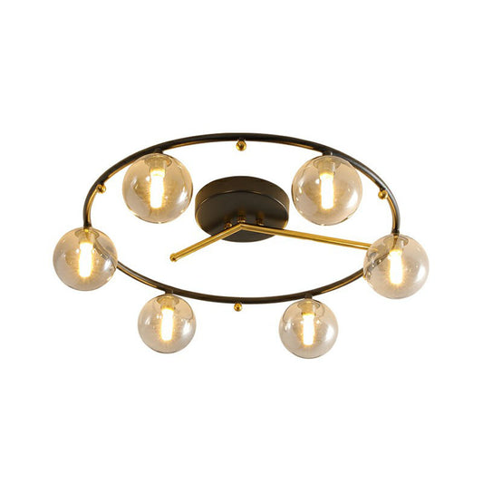 Black and Brass Clock Ceiling Lamp Postmodern Creative 6-Head Ball Glass Semi Flush Mount Light Smoke Gray Clearhalo 'Ceiling Lights' 'Close To Ceiling Lights' 'Close to ceiling' 'Semi-flushmount' Lighting' 2269018