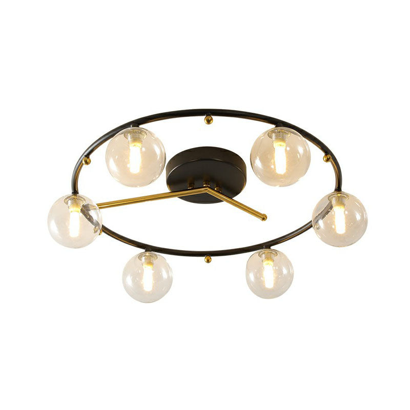 Black and Brass Clock Ceiling Lamp Postmodern Creative 6-Head Ball Glass Semi Flush Mount Light Clear Clearhalo 'Ceiling Lights' 'Close To Ceiling Lights' 'Close to ceiling' 'Semi-flushmount' Lighting' 2269020