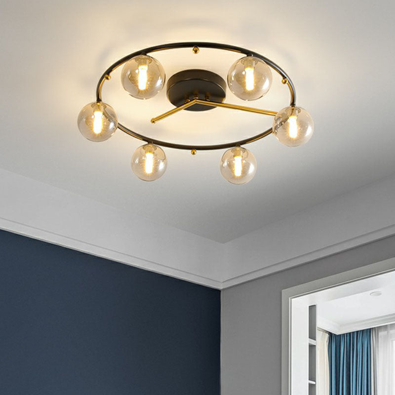 Black and Brass Clock Ceiling Lamp Postmodern Creative 6-Head Ball Glass Semi Flush Mount Light Clearhalo 'Ceiling Lights' 'Close To Ceiling Lights' 'Close to ceiling' 'Semi-flushmount' Lighting' 2269022